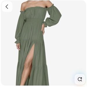 ZESICA Boho Sexy Off-Shoulder Flowy A Line Tiered Long Maxi Dress, Green XL NWT